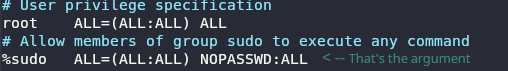 screenshot of /etc/sudoers file showing sudo grooup